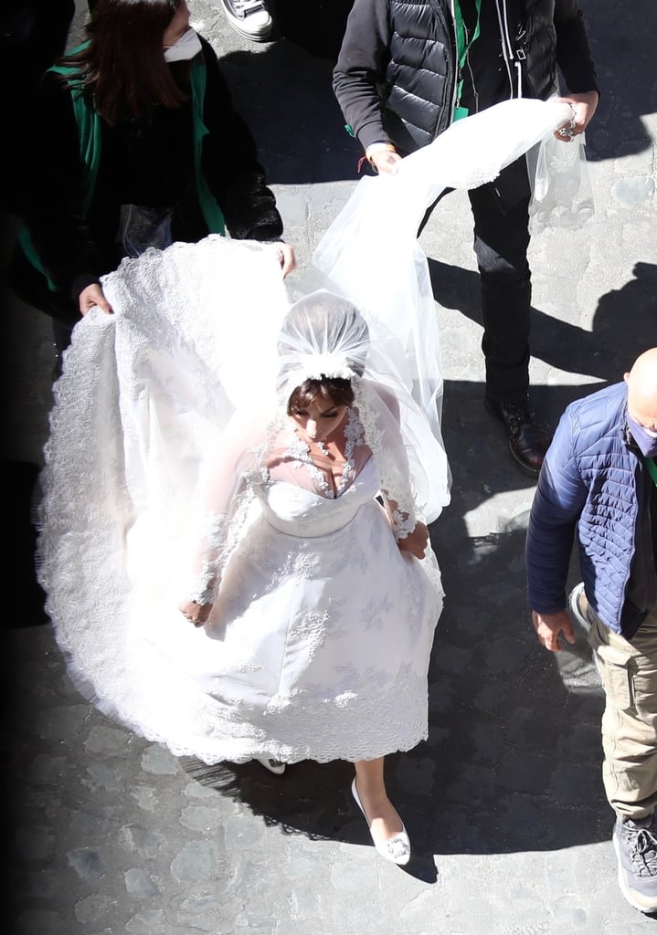 Lady Gaga S Lace Wedding Dress On The Set Of House Of Gucci Popsugar Fashion