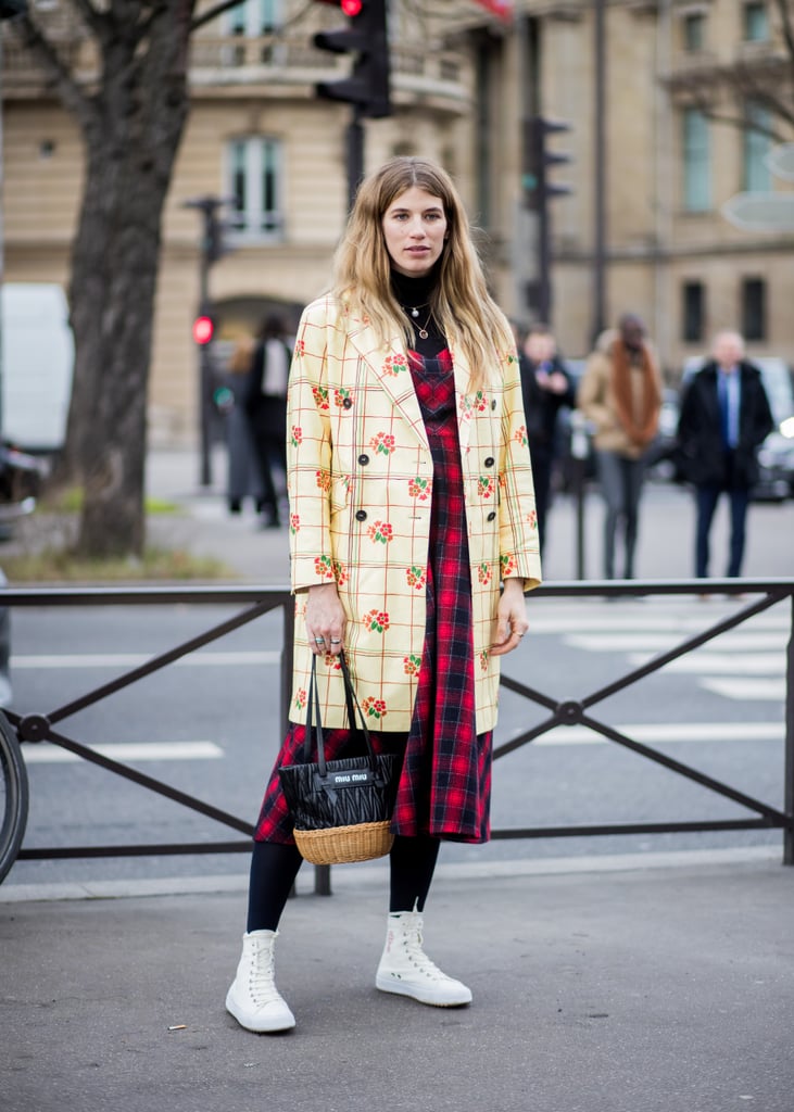 Style a Floral Jacket With a Plaid Dress, Tights, and White High-Tops