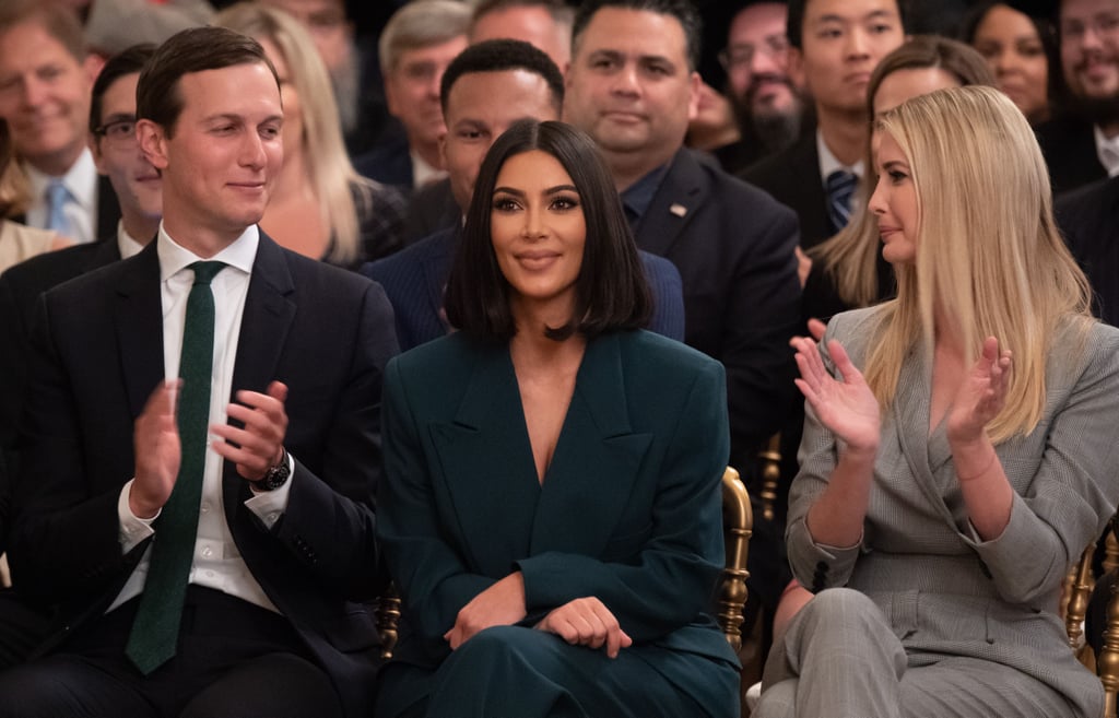 Kim Kardashian paid a visit to the White House to discuss prison reform on Thursday. The 38-year-old future lawyer attended an East Room event to talk about efforts to help better the lives of formerly incarcerated people. Rocking a forest green suit, the beauty mogul sat in between senior advisor Jared Kushner and Ivanka Trump during the meeting, which President Donald Trump and cabinet members also attended. She then took center stage to present a new ride-sharing partnership with Lyft that will give former prisoners gift cards to help them travel to and from job interviews.
"Everyone wants the community to be safe, and the more opportunity we have and that they have and the support that we help give them, the safer everyone will be," Kim said. "I'm just so thankful to everyone here that's in support and so proud of this partnership with the ride-share organization." 
Kim's passionate involvement in criminal justice started after she learned about the case of Alice Marie Johnson, a grandmother who was serving a life sentence without parole for drug offenses. Last year, Kim visited the White House to help Alice receive a pardon. Shortly after, Alice was granted clemency and released from prison.
Recently, Kim opened up about pursuing a career in law, telling Vogue, "I just felt like the system could be so different, and I wanted to fight to fix it, and if I knew more, I could do more." On Instagram, she also responded to people who have told her to stay in her lane, writing, "I want people to understand that there is nothing that should limit your pursuit of your dreams, and the accomplishment of new goals. You can create your own lanes, just as I am."
Kim also revealed that she's currently studying for the "baby bar" — a one-day test that's a mini version of the larger bar exam. To prepare, she's spending around 18 hours a week reading and learning about criminal law, torts, and contracts. She plans on taking the actual bar exam in 2022.

    Related:

            
            
                                    
                            

            I Think Kim Kardashian Could Actually Make a Great Lawyer — May I Present My Evidence?