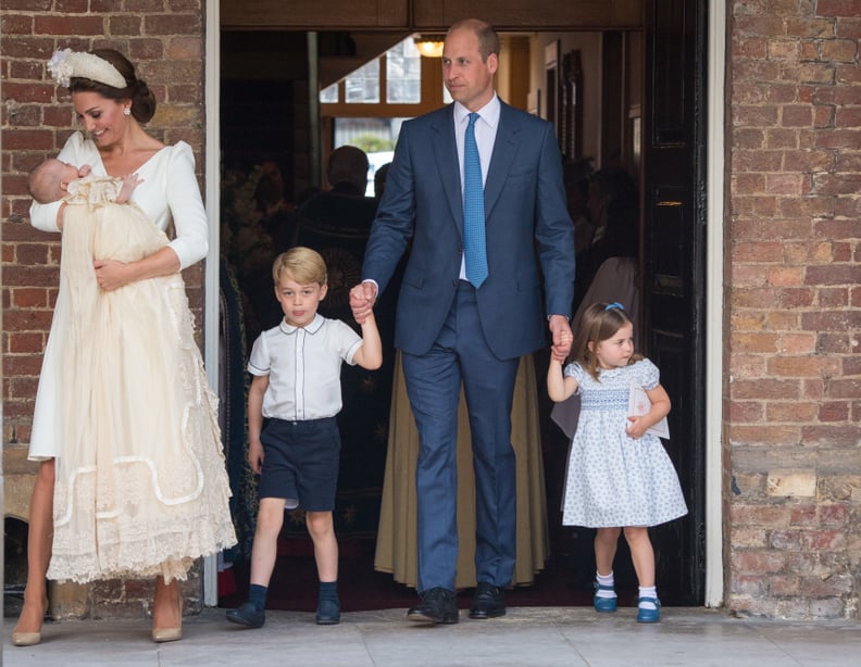 LONDON, ENGLAND - JULY 09: Catherine Duchess of Cambridge and Prince William, Duke of Cambridge with their children Prince George, Princess Charlotte and Prince Louis after Prince Louis' christening at St James's Palace on July 09, 2018 in London, England