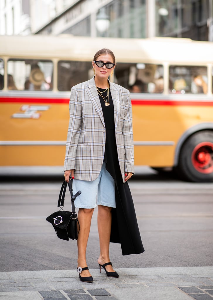 Ground a floaty top and shorts with a plaid blazer for Autumn.