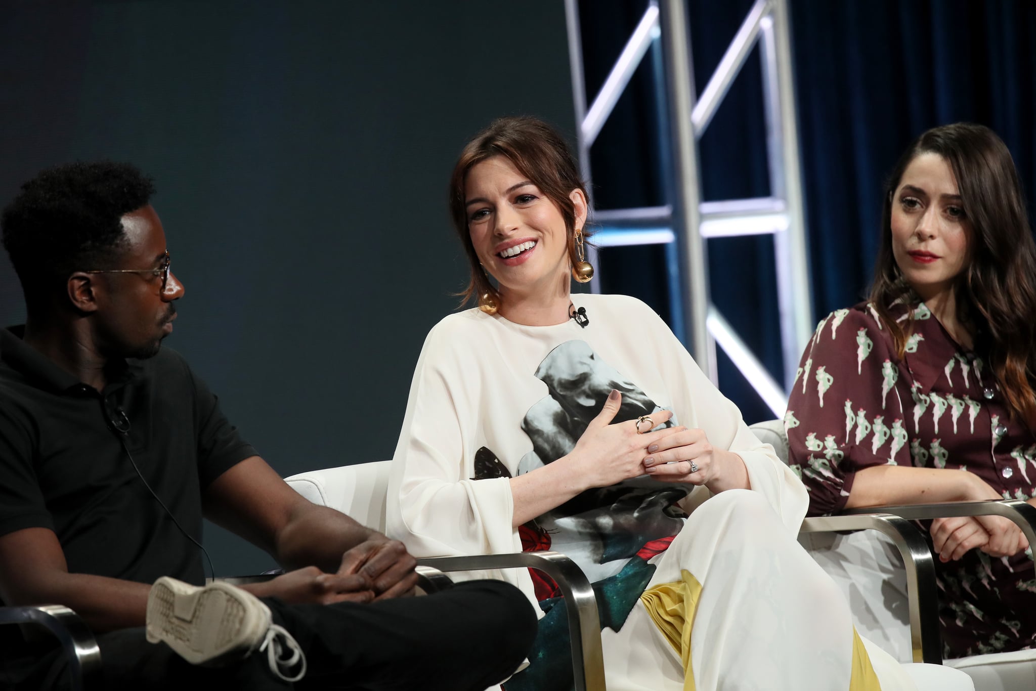 BEVERLY HILLS, CALIFORNIA - JULY 27: (L-R) Gary Carr, Anne Hathaway and Cristin Milioti of 'Modern Love' speak onstage during the Amazon Prime Video segment of the Summer 2019 Television Critics Association Press Tour at The Beverly Hilton Hotel on on July 27, 2019 in Beverly Hills, California. (Photo by David Livingston/Getty Images)