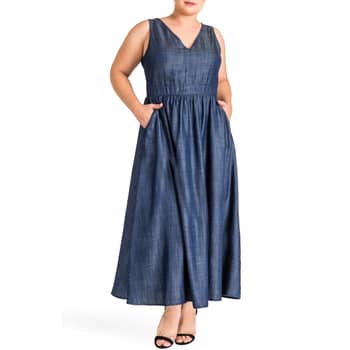 Plus Size a line denim maxi dress plus size jean dress chambray dress