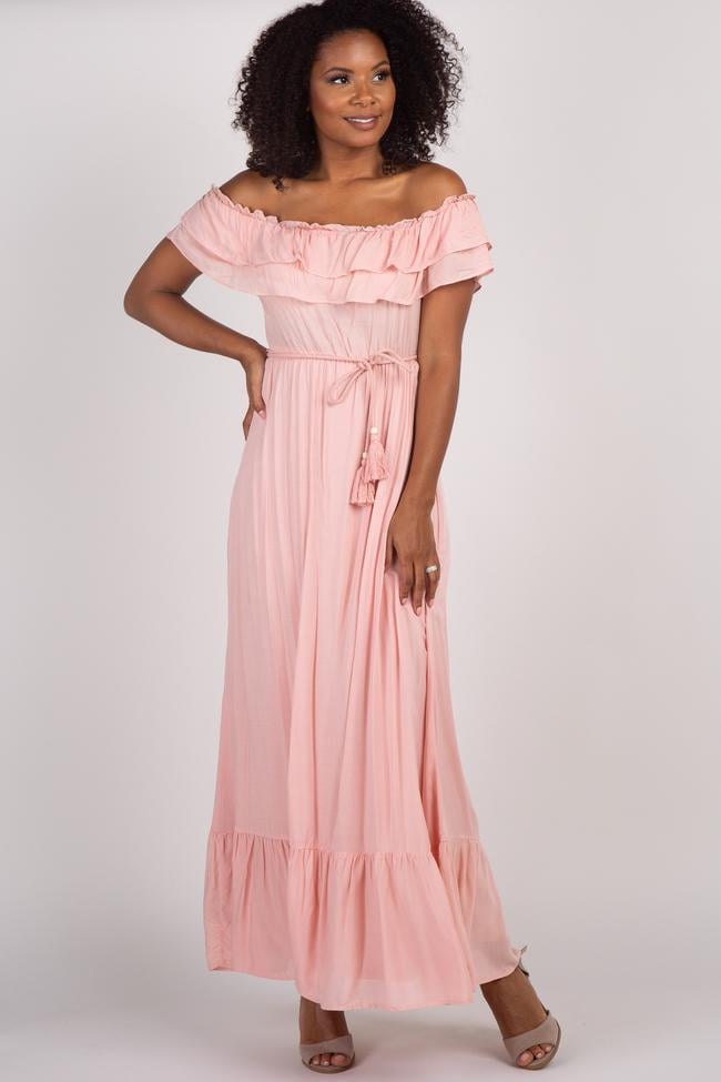 pink blush off the shoulder dress