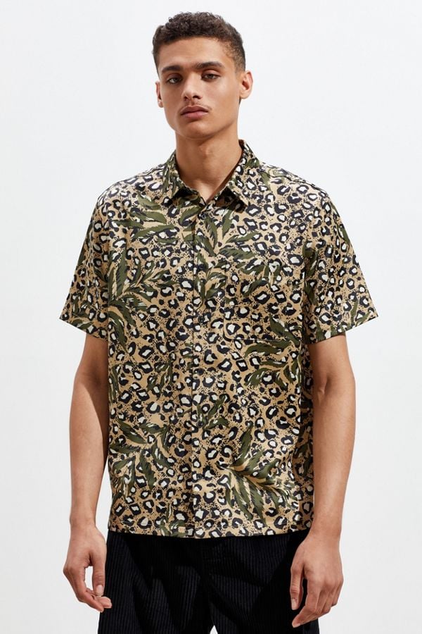 UO Leopard Print Satin Short Sleeve Button-Down Shirt
