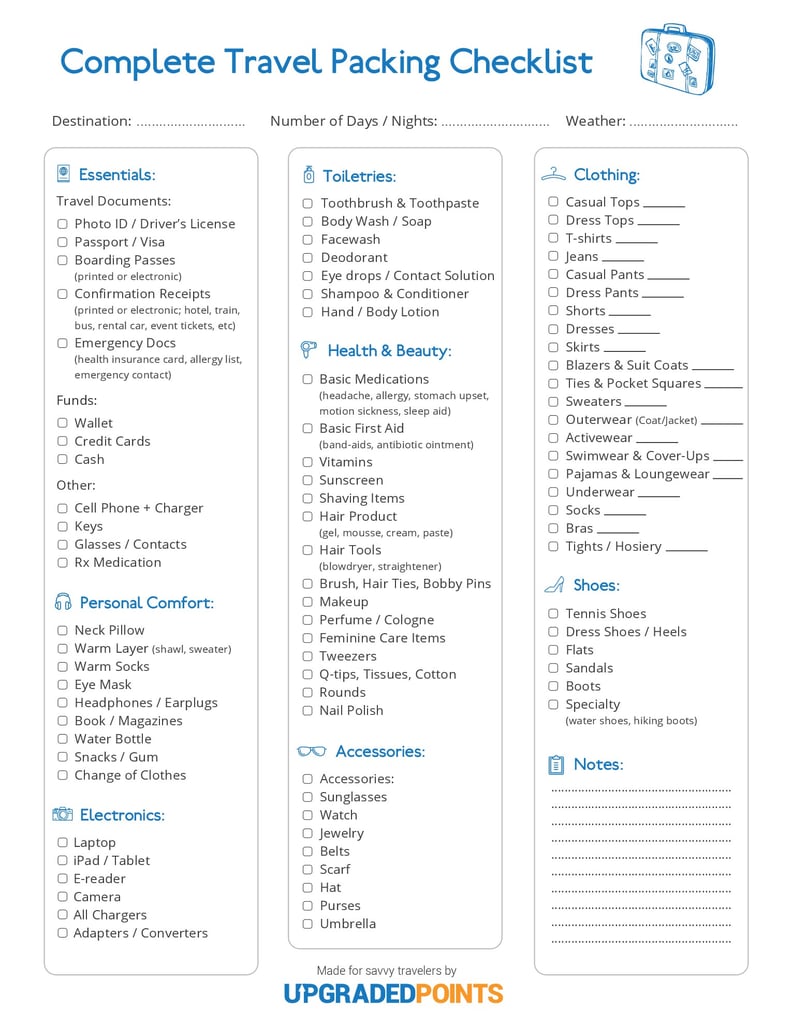 complete travel packing checklist upgraded points