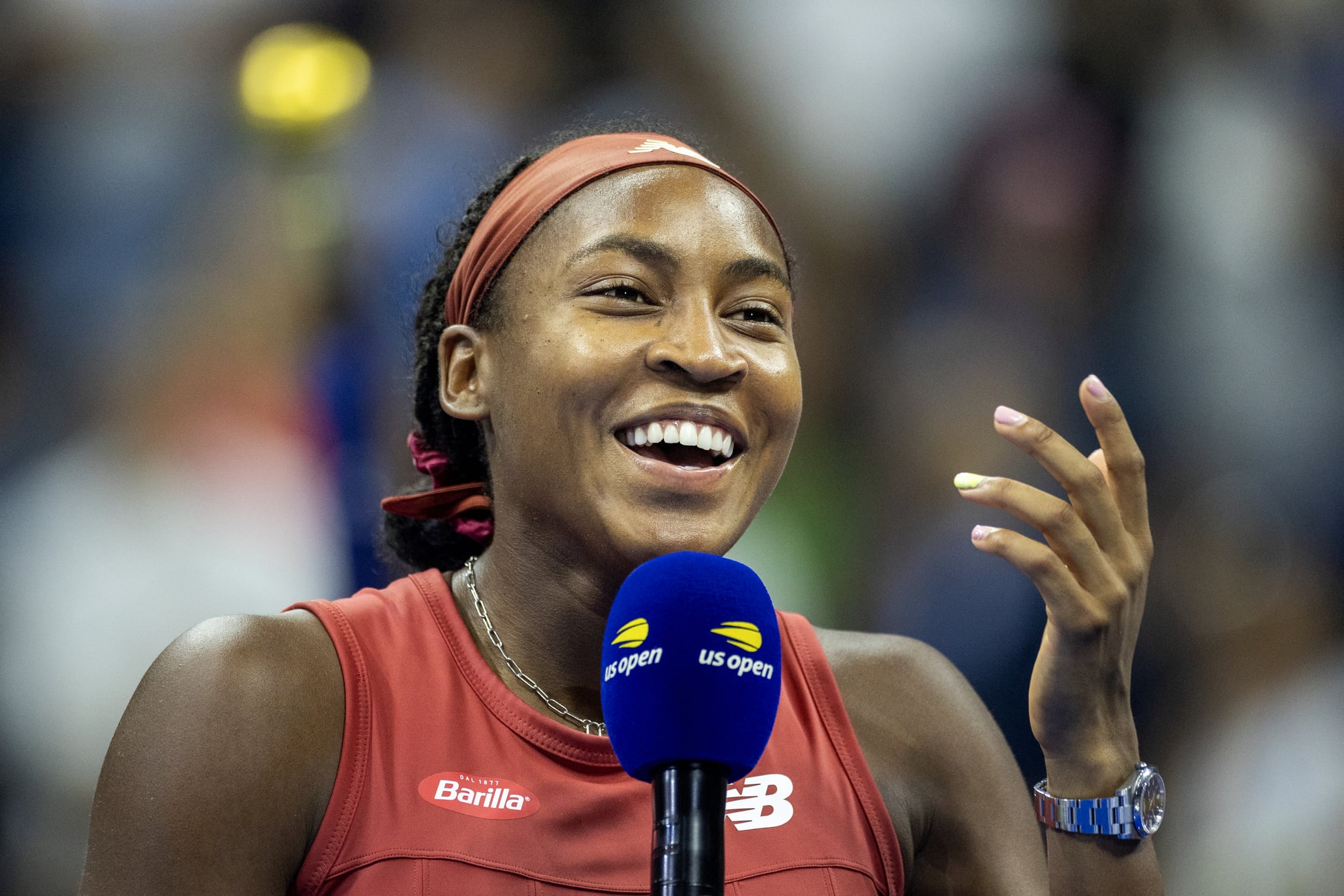 NEW YORK, USA:  September 9:  Coco Gauff of the United States talks to her parents and team during her on-court interview after her victory against Aryna Sabalenka of Belarus in the Women's Singles Final on Arthur Ashe Stadium during the US Open Tennis Championship 2023 at the USTA National Tennis Centre on September 9th, 2023 in Flushing, Queens, New York City.  (Photo by Tim Clayton/Corbis via Getty Images)