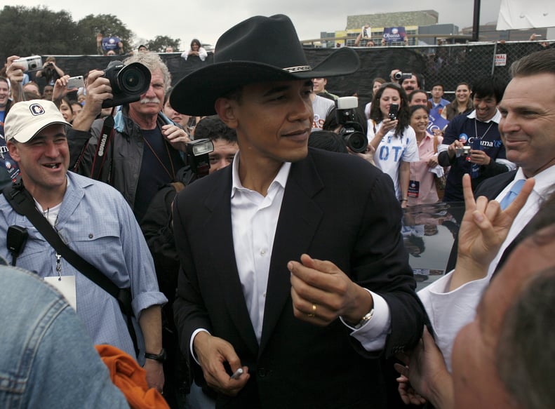 Doing his best cowboy impression while at an Austin rally during his presidential campaign in 2007