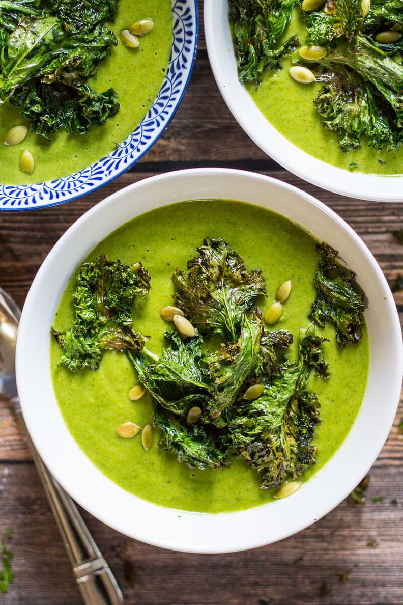 Green Goddess Vegan Broccoli Soup and Kale Chips