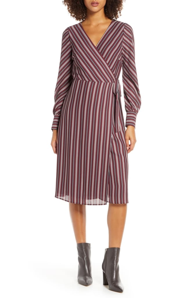 Chelsea28 Striped Long-Sleeve Wrap Midi Dress