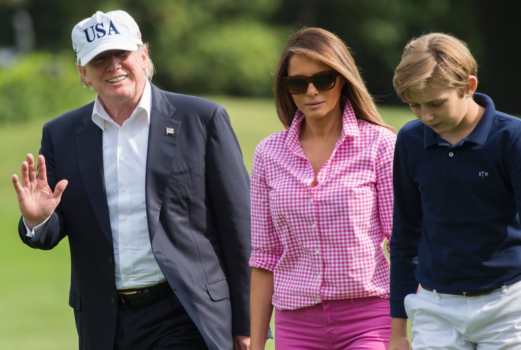Melania coordinated a Summer-friendly pink ensemble with tortoise shades. Her J. Crew gingham button down was met with fuchsia skinnies and embellished flats in the same shade for arrival to the White House in August 2017.
