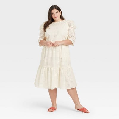 A New Day Elbow Sleeve Eyelet Dress