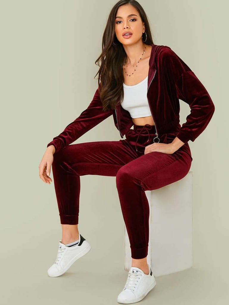 SHEIN Velvet O-ring Zip Up Hoodie and Joggers Set