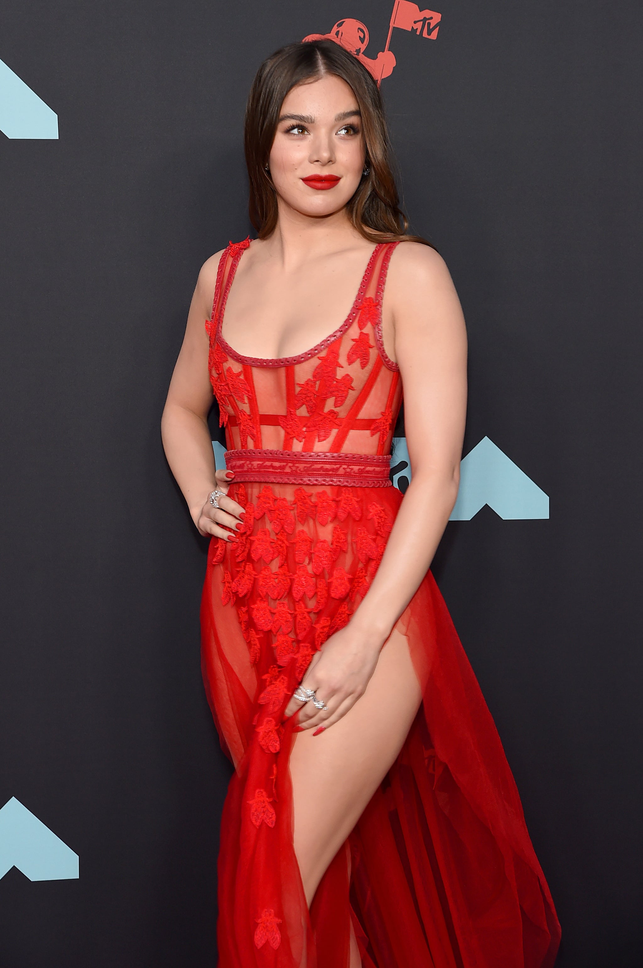 Hailee Steinfeld Simple Red Satin Backless Dress