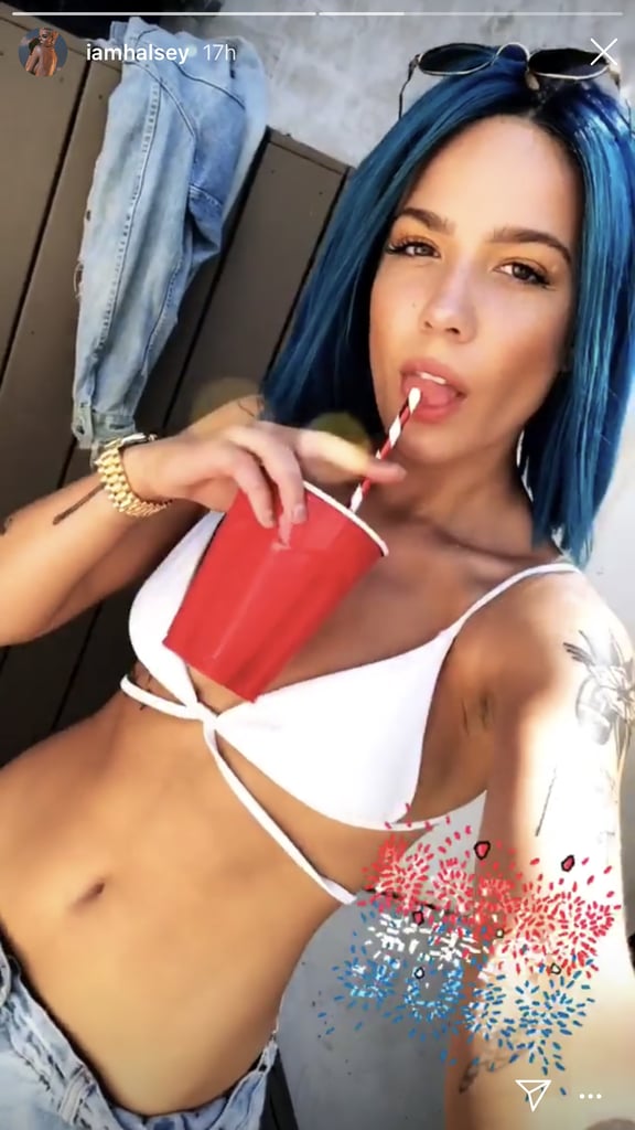 Halsey Strappy White Bikini Top July 2018