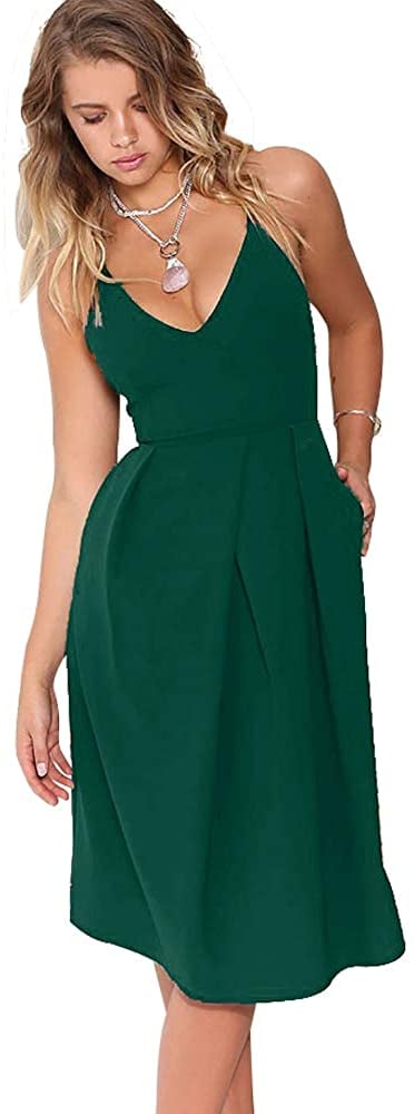 Eliacher Adjustable Spaghetti-Strap Backless Party Dress With Pockets