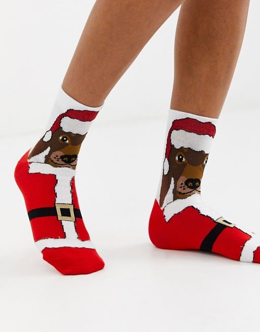 ASOS Design Christmas Sausage Dog in Santa Outfit Ankle Socks