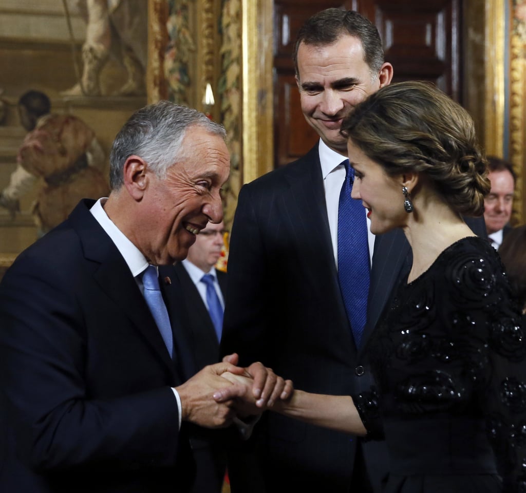 Queen Letizia and King Felipe with Portugal President Marcelo Rebelo de Sousa at the Royal Palace.