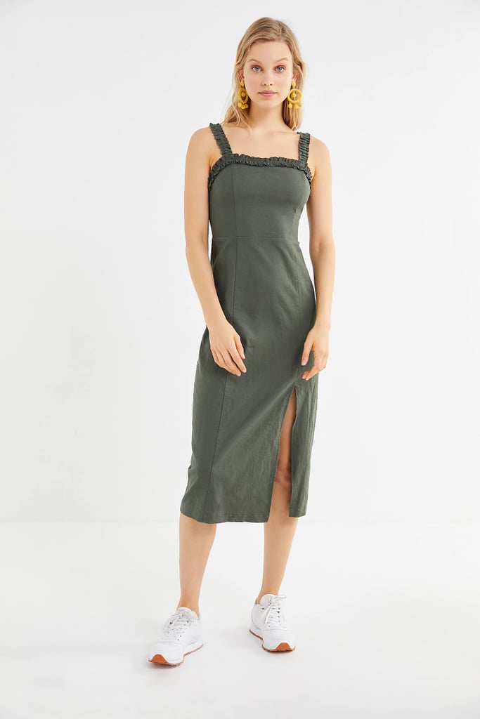 UO Remy Linen Ruffle Square Neck Midi Dress