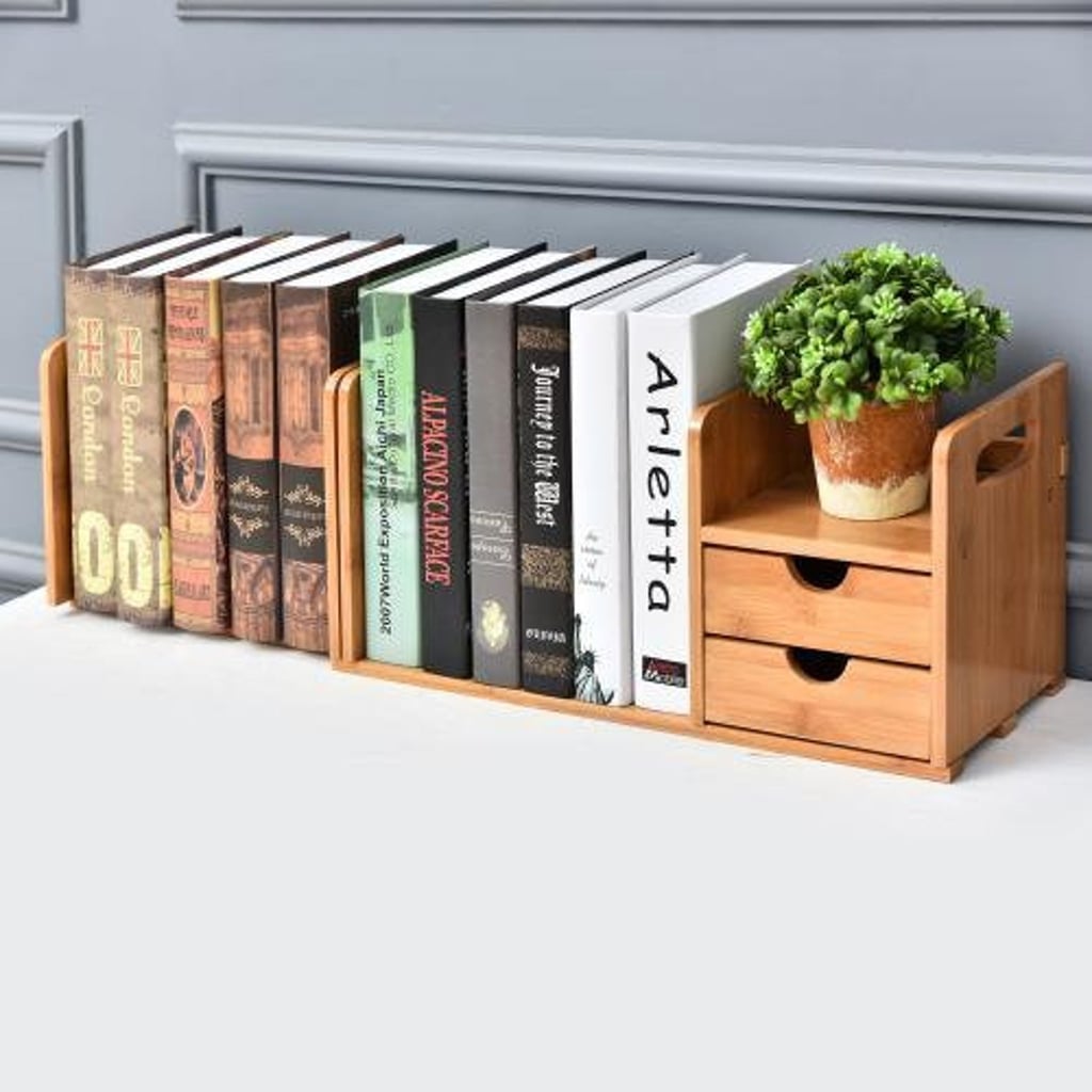 For Textbook Storage: Natural Bamboo Desk Organiser with Bookshelf and Drawers