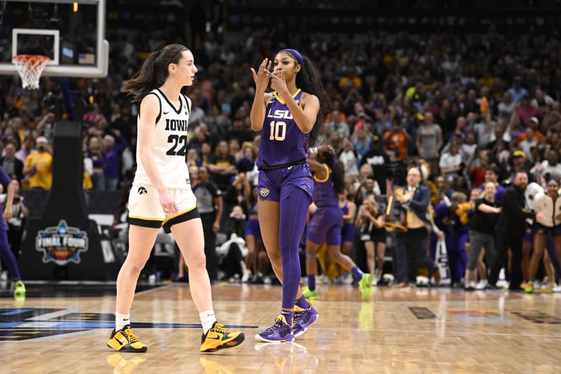 College Basketball: NCAA Finals: LSU Angel Reese (10) taunting Iowa Caitlin Clark (22) and pointing to her ring finger after winning championship game vs Iowa at American Airlines ArenaDallas, TX 4/2/2023CREDIT: Greg Nelson (Photo by Greg Nelson /Sports I