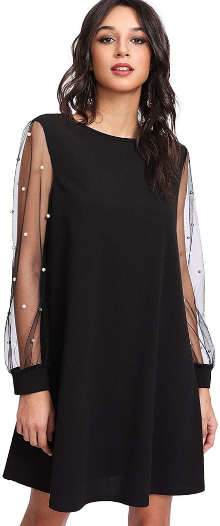 For an Embellished Black Dress: DIDK Tunic Dress with Mesh Bishop Sleeves
