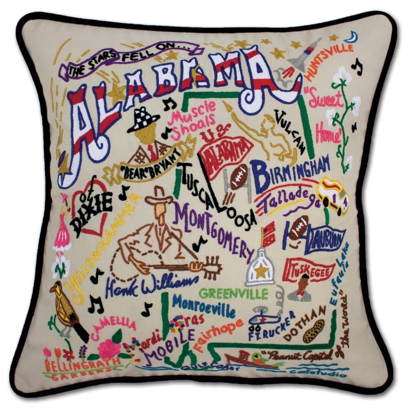 The details on this hand-embroidered pillow ($158) serve as cozy reminders of all the state's must-see attractions.