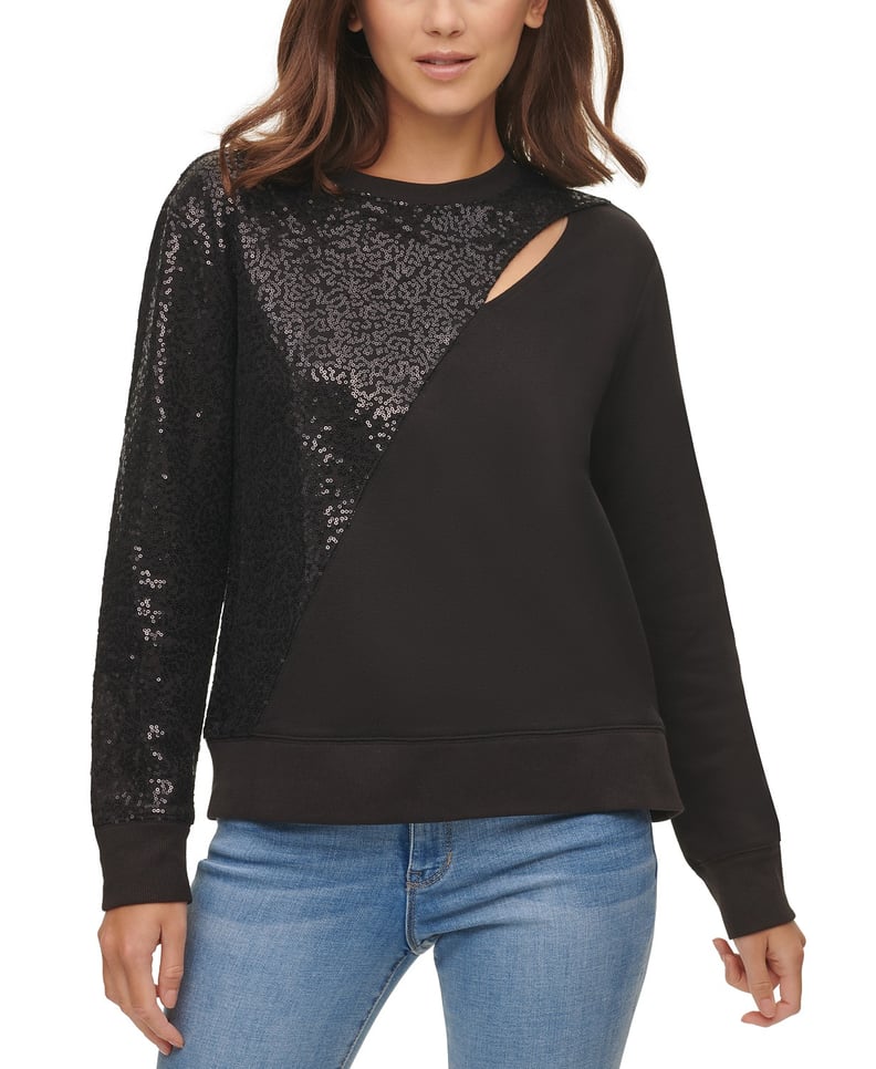 DKNY Sequin-Embellished Keyhole Sweatshirt