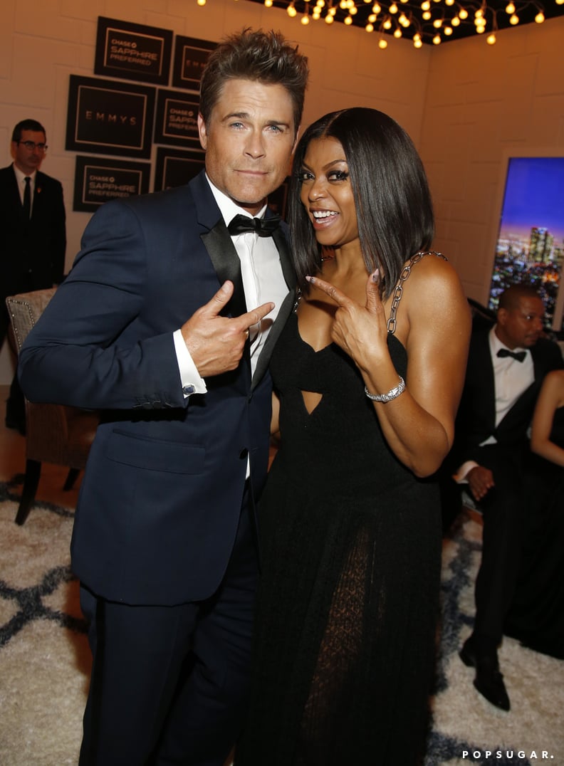 She kept the celebration going in the Emmys lounge, where she chopped it up with Rob Lowe . . .