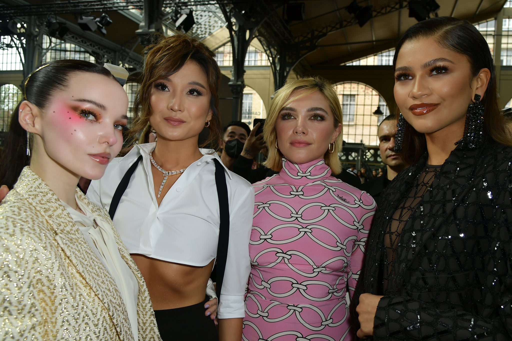 PARIS, FRANCE - OCTOBER 02: (EDITORIAL USE ONLY - For Non-Editorial use please seek approval from Fashion House) (L-R)  Dove Cameron, Ashley Park, Florence Pugh and Zendaya attend the Valentino Womenswear Spring/Summer 2023 show as part of Paris Fashion Week  on October 02, 2022 in Paris, France. (Photo by Dominique Charriau/WireImage)