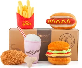 For Your Pet: P.L.A.Y . 5-Piece Fast Food Plush Dog Toy Set