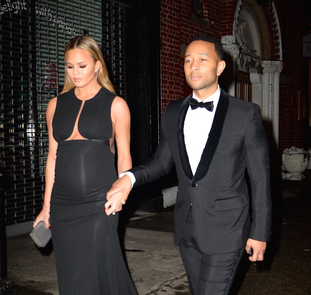 Chrissy Teigen Wearing a Long Black Dress