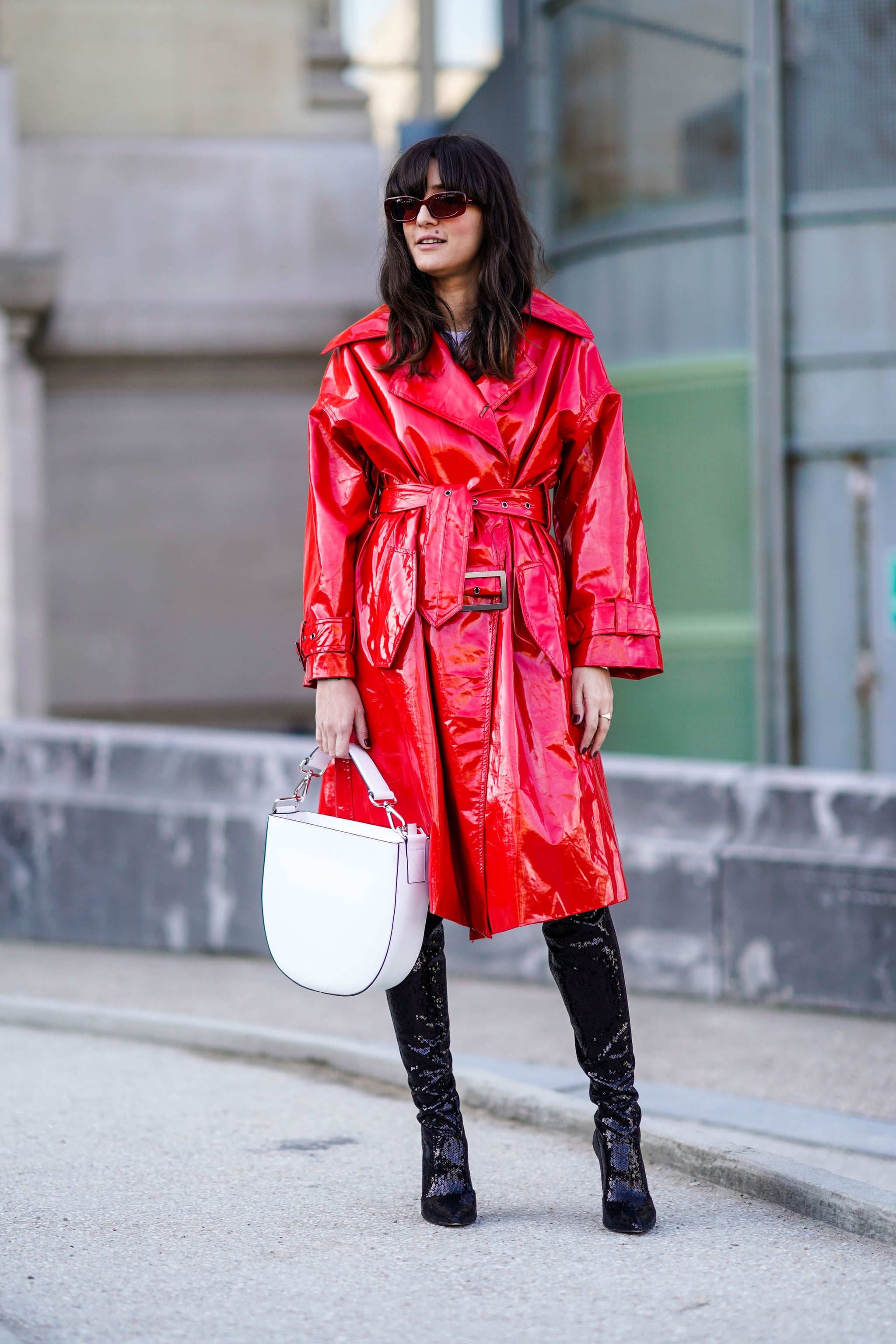 A high-shine red overcoat will make even the most boring look stand out in a crowd.