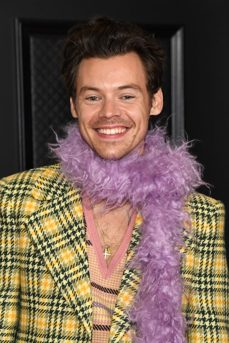 Harry Styles Wearing His Gold Cross Necklace at the 2021 Grammys