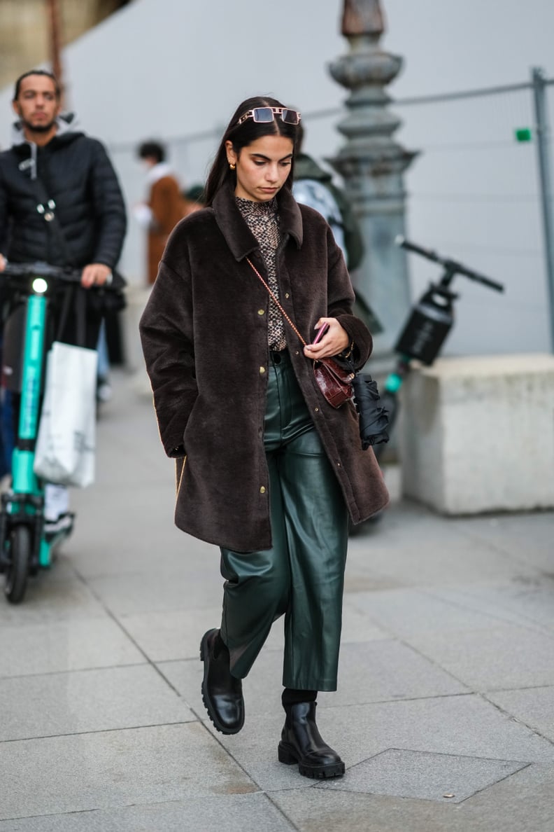 Pair Green Leather Pants With a Brown Top and a Teddy Coat