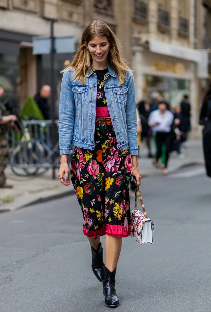 Throw a denim jacket over your prettiest dress. | Street Style Couture ...