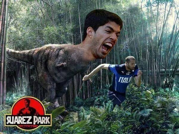 That one time Uruguay player Luis Suárez bit Giorgio Chiellini, Italy defender. Chomp. 
Source: Facebook user World Cup Memes