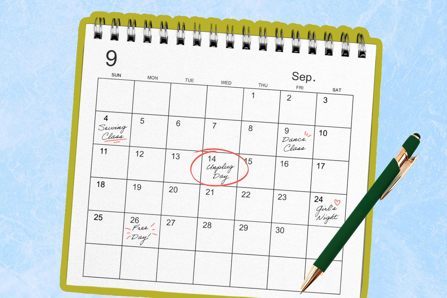 Calendar of wellness days scheduled throughout the month, including unplug day, girls night, free day.