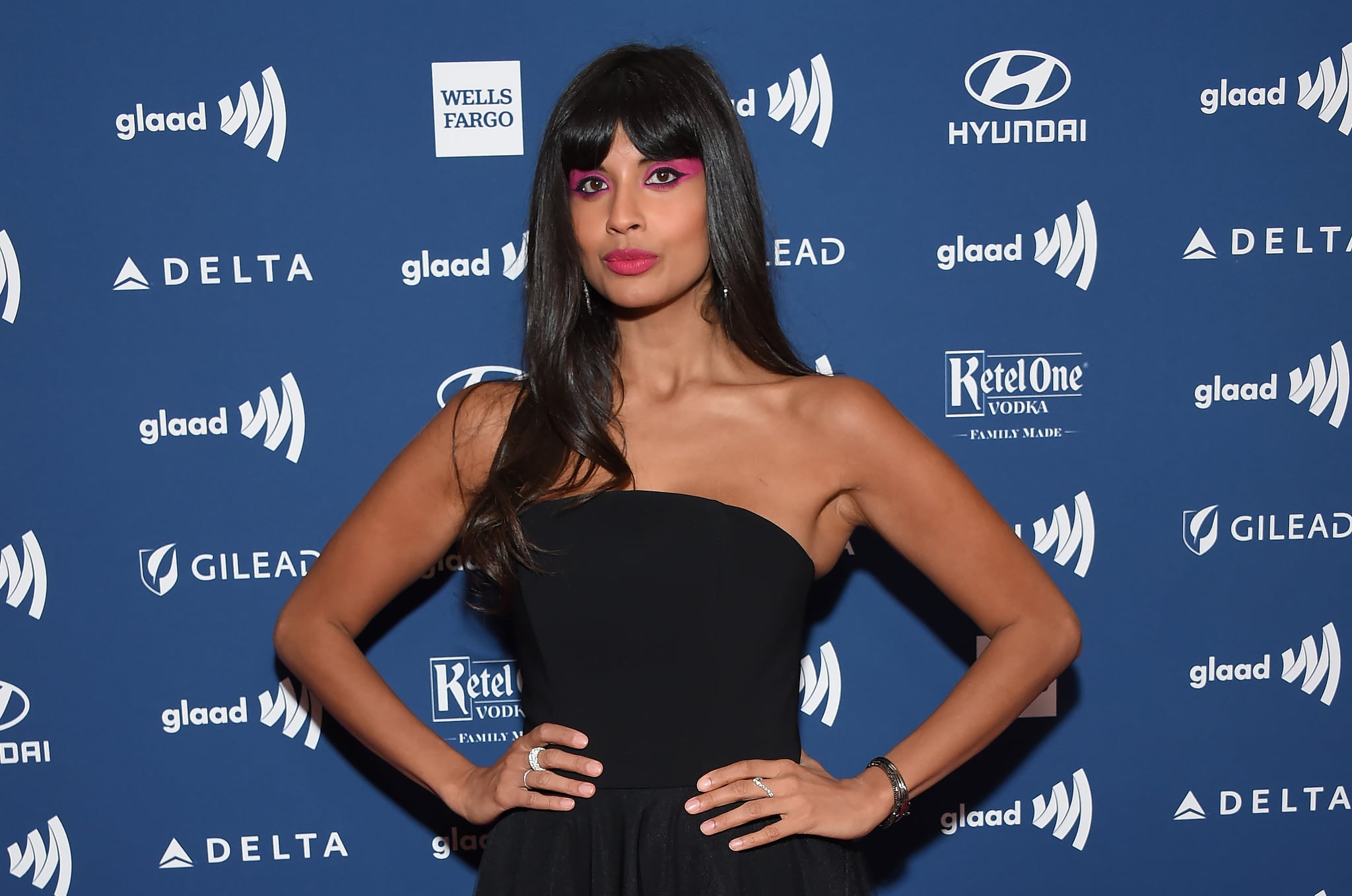 Actress Jameela Jamil arrives at the 30th Annual GLAAD Media Awards at the Beverly Hilton Hotel in Beverly Hills on March 28, 2019. (Photo by LISA O'CONNOR / AFP)        (Photo credit should read LISA O'CONNOR/AFP/Getty Images)