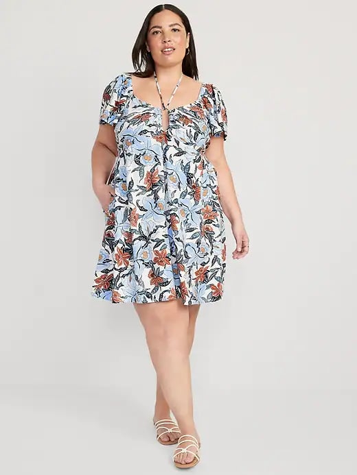 Old Navy Flutter-Sleeve Linen-Blend Halter Keyhole Mini Swing Dress