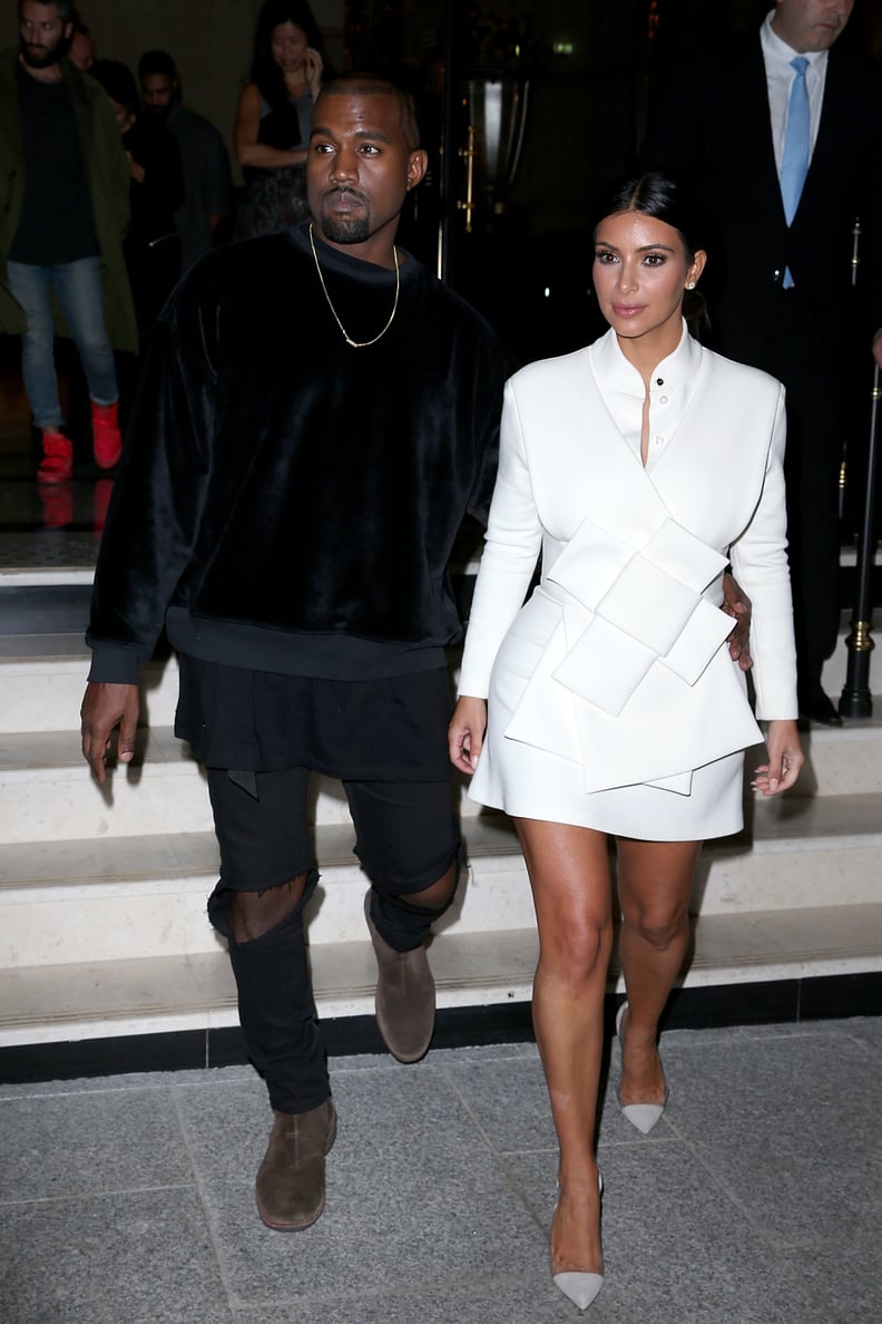 When Kim wore this white mini to a Paris fashion party, and Kanye kept it casual.