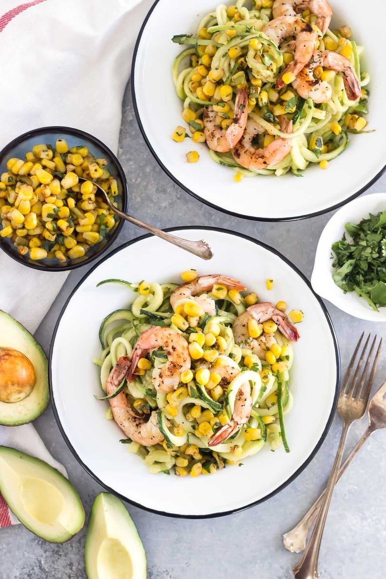 Spicy Avocado Zucchini Noodles With Grilled Shrimp and Charred Corn Salsa