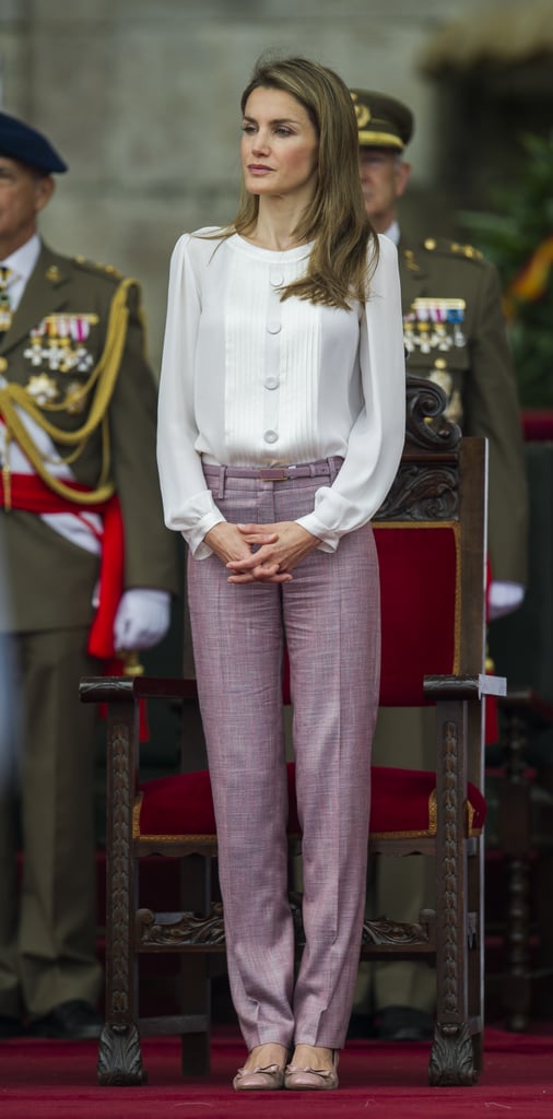 The then-princess wore purple pants to attend a military event in Pontevedra, Spain, back in July 2013.