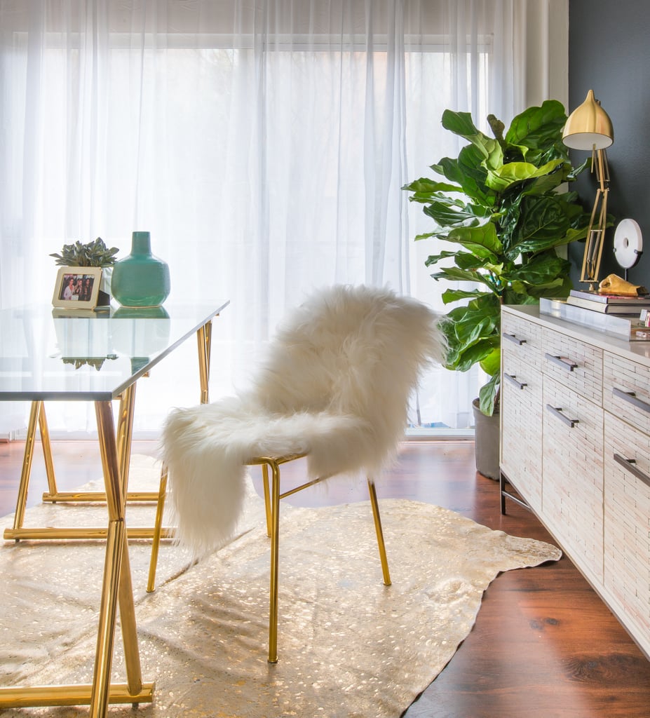 "If	I	had	to	pick	out	my	favorite	item	in	this	whole	room,	it	would	definitely	be	my	golden	Z	Gallerie chair	because	it	just	looks like	a	chair	for	royalty," Desi says. "When	I	sit	in	this	chair,	I	mean	business." It's easy to see why!