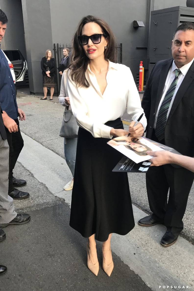 Angelina Wearing the Ryan Roche Shoes With a Midi Skirt and Blouse