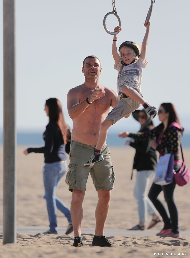 Liev Schreiber gave his son Sasha a lift at a park in LA on Saturday.