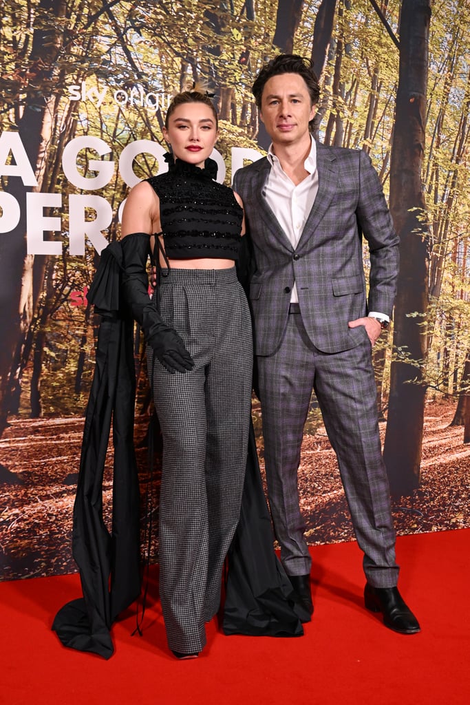 Florence Pugh and Zach Braff's friendship is still going strong nearly a year after their split. On March 8, the pair attended the UK premiere of their new film, "A Good Person," which Pugh stars in and Braff wrote and directed. As they walked the red carpet, the exes shared a friendly embrace, posing for the cameras with smiles on their faces. For the special event, Pugh wore a shimmering Erdem crop top, tailored pants, and floor-length gloves, while Braff opted for a purple-and-gray plaid suit by Paul Smith over a white button-down.
Since publicly announcing their breakup in 2022, Pugh and Braff appear to remain on good terms. On Jan. 3, Braff even wished Pugh a happy 27th birthday in a heartfelt post on Instagram. "Happy Birthday, legend," the former "Scrubs" star captioned a photo of Pugh alongside a heart emoji. 
The stars first began dating around 2019, keeping their relationship relatively private. Following their split, Pugh, who is 21 years younger than Braff, opened up about public criticism of their romance in a Jan. 12 interview with Vogue. "We weren't in anyone's faces. It was just that people didn't like it," Pugh told the publication. "They imagined me with someone younger and someone in blockbusters. I think young relationships in Hollywood are so easily twisted because they add to the gossip sites. It's exciting to watch. And I think I was in a relationship that didn't do any of that."
As the stars gear up for the remainder of their joint press tour, we can't wait to see more photos of Pugh and Braff's adorable friendship. 

    Related:

            
            
                                    
                            

            Florence Pugh&apos;s Naked Cape Dress Has 2 Huge Side Cutouts