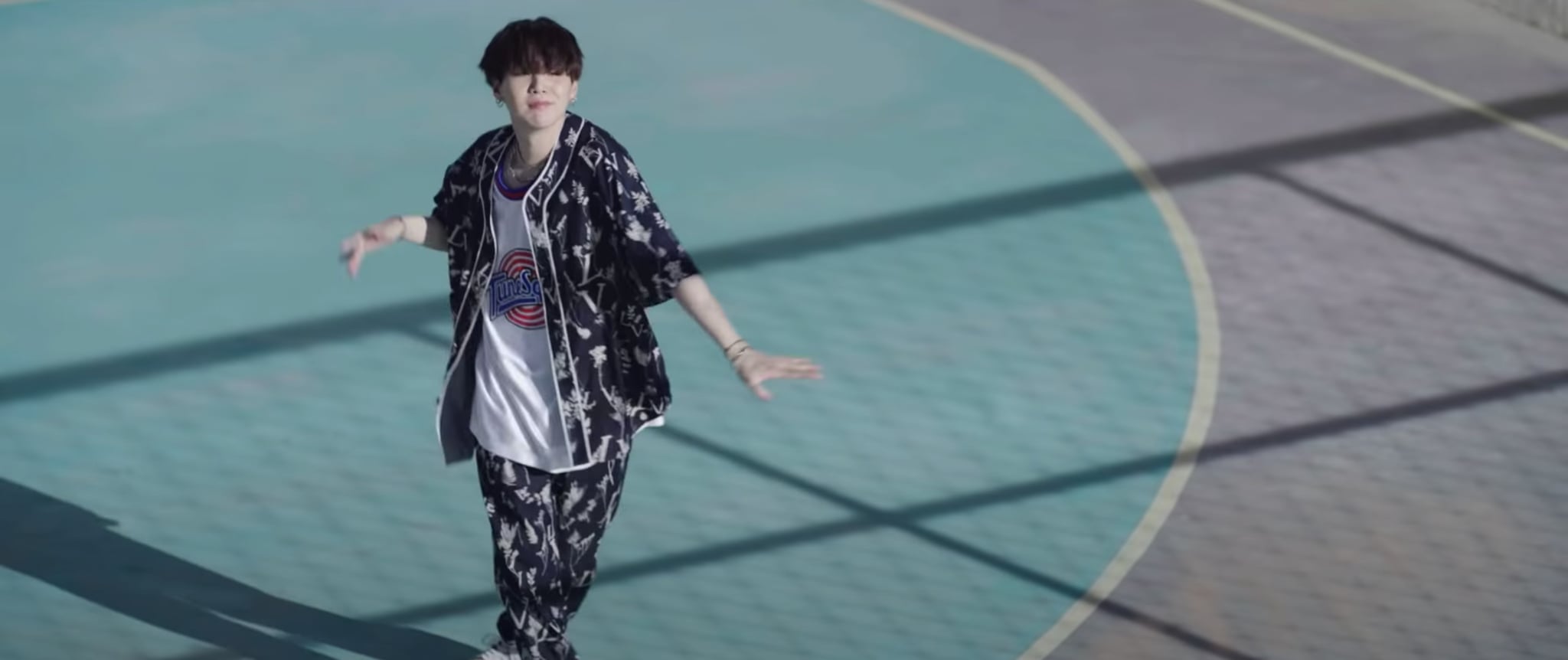 Suga wearing a Tune Squad jersey under a matching Louis Vuitton set, BRB,  Admiring the Amazing Outfits in BTS's Dynamite Music Video For Hours on  End