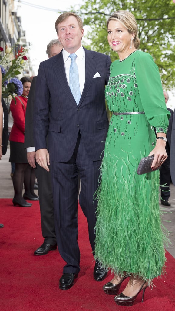 Queen Maxima of the Netherlands wearing a Theresia Vreugdenhil feathered dress.