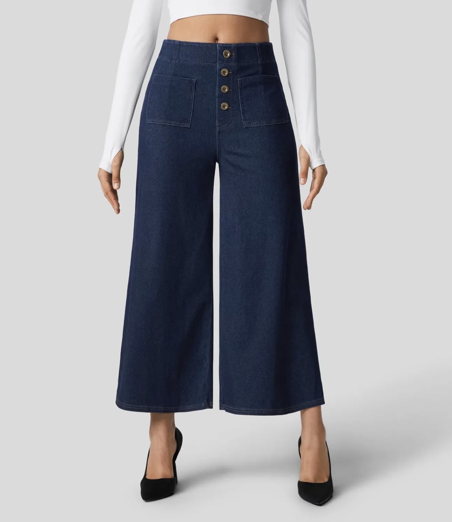 HalaraMagic High Waisted Button Pockets Washed Stretchy Knit Casual Wide Leg